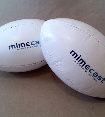 Pad printed mini rugby balls for Mimecast
